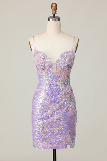 Glitrende Lilla Bodycon Korset Pailletter Homecoming Kjole med 3D Blomster
